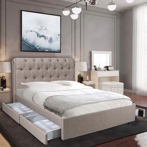 Lit Chelsea 140x190 + 4 Tiroirs + Sommier / Beige/ 208x155x116 Cm