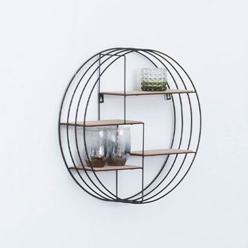 Etagère Murale Ronde 45x10x45 Cm En Bois Naturel Et Métal Noir