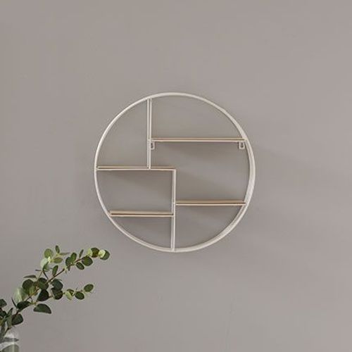 Etagère Murale Ronde 45x10x45 Cm En Bois Naturel Et Métal Blanc