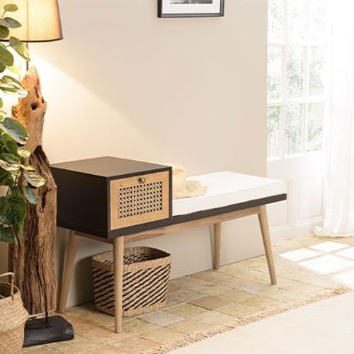 Banc 1 Tiroir Effet Cannage En Bois Avec Coussin D'assise - Trusty