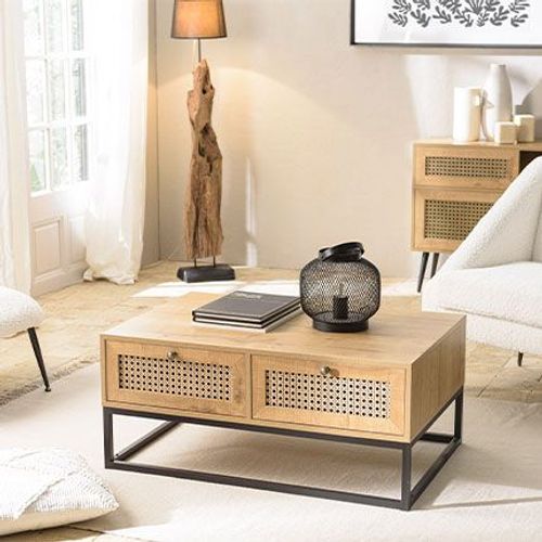 Table Basse 4 Tiroirs Effet Cannage Naturel - Trusty