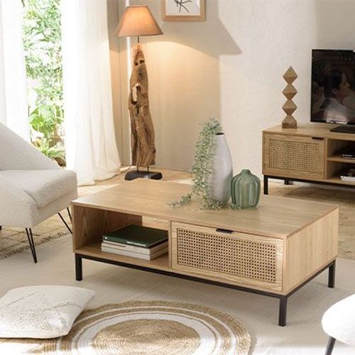 Table Basse 2 Tiroirs 120x60x43 Cm Avec Cannage Naturel - Kiah