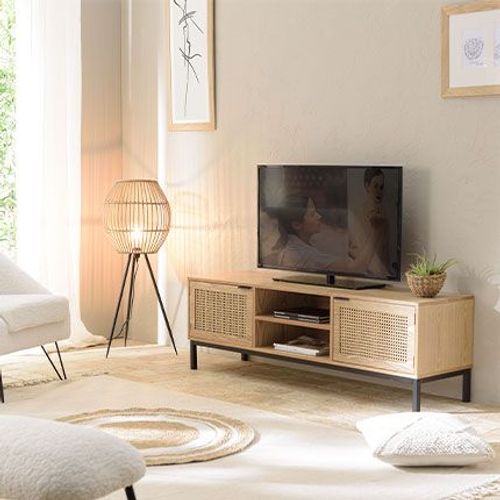 Meuble Tv 2 Portes 147x40x48 Cm Avec Cannage Naturel - Kiah