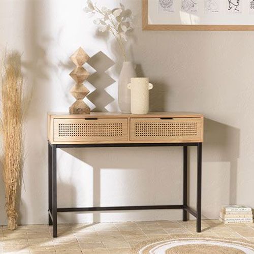 Console 2 Tiroirs 100x40x78,5 Cm Avec Cannage Naturel - Kiah