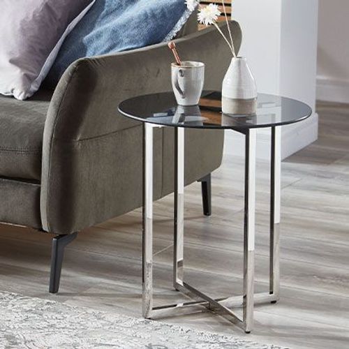 Table D'appoint Ronde 50x55 Cm En Verre Gris Et Inox