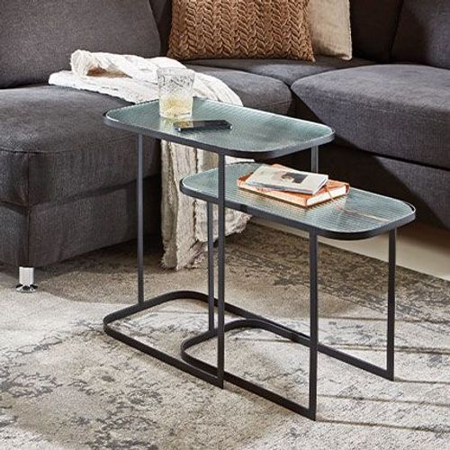 Lot De 2 Tables D'appoint 48 Et 49 Cm En Verre Ondulé Et Métal Noir