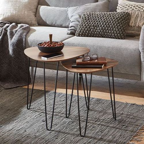 Lot De 2 Tables D'appoint 40 Et 48 Cm Décor Chêne Foncé Et Métal Noir