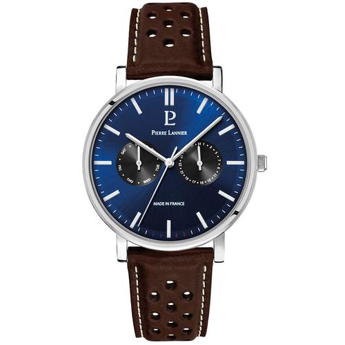 Montre Homme Essential Argenté Cadran Bleu Bracelet Cuir Perforé Brun 20 Mm