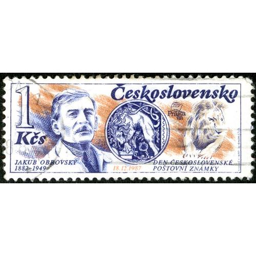 Timbre Oblitéré Ceskoslovensko, Jakub Obrovsky 1882-1949, 18.12.1987 Den Ceskoslovenske Postovni Znamky, Praga'88, 1 Kcs