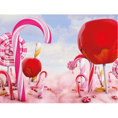 Bannière XXL motif "Bonbons et nuages de barbe à papa" en bâche PVC opaque difficilement inflammable , L : 250cm H :330 cm valeur d’achat : 355€. Idéal pour créer un décor, une ambiance festive