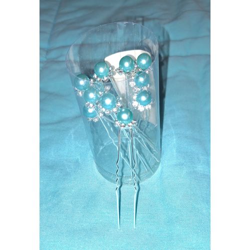 10 Pics Chignon Argent Perle De Culture Bleu Turquoise + Strass Cristal Diamant Mariage Accessoires Cheveux Épingle Pince 