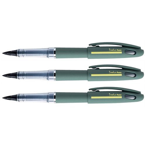 Pentel Lot De 3 Feutres Plume Tradio Sport Chic Kaki Jaune Encre Noire