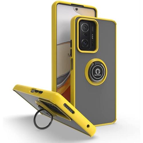 Coque Pour Xiaomi 11t/11t Pro 5g Etui, Housse Téléphone Antichoc Avec Anneau De Support, Hard Pc Et Tpu Bumper Mat Translucide Case Cover Jaune