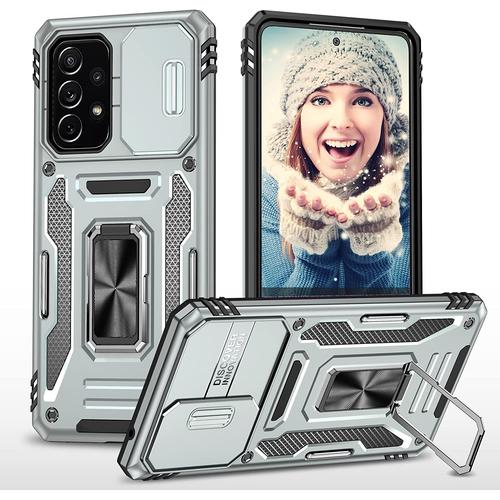 Coque Pour Samsung Galaxy A53 5g Étui [Protection D'appareil Photo Slide Camera], Support 360° Rotatif Militaire Renforcée Armor Antichoc Bumper Housse Gris