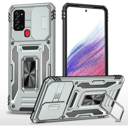 Coque Pour Samsung Galaxy A21s Étui [Protection D'appareil Photo Slide Camera], Support 360° Rotatif Militaire Renforcée Armor Antichoc Bumper Housse Gris