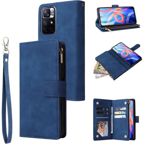 Coque Xiaomi Redmi Note 11 4g/Note 11s, Pu Antichoc Flip Case Anti-Choc Etui Housse Avec Fentes De 6 Cartes Fonction Support, Pochette Portefeuille Avec Dragonnes Case Bleu