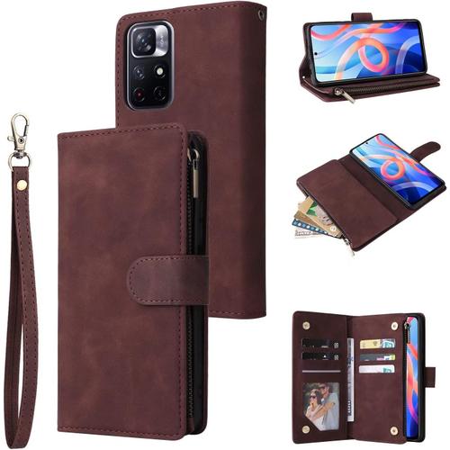 Coque Xiaomi Redmi Note 11 4g/Note 11s, Pu Antichoc Flip Case Anti-Choc Etui Housse Avec Fentes De 6 Cartes Fonction Support, Pochette Portefeuille Avec Dragonnes Case Café