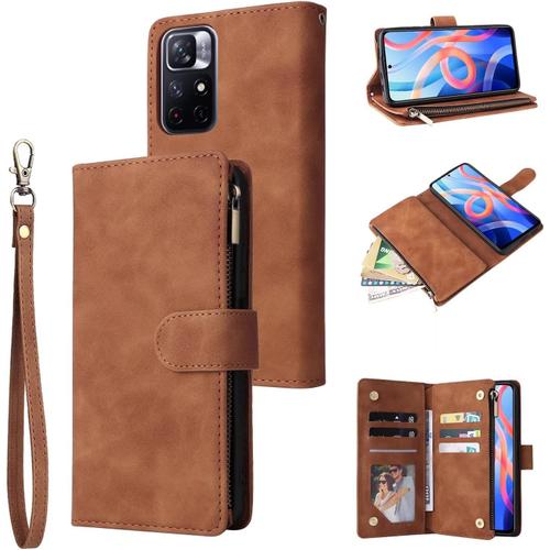 Coque Xiaomi Redmi Note 11 4g/Note 11s, Pu Antichoc Flip Case Anti-Choc Etui Housse Avec Fentes De 6 Cartes Fonction Support, Pochette Portefeuille Avec Dragonnes Case Marron