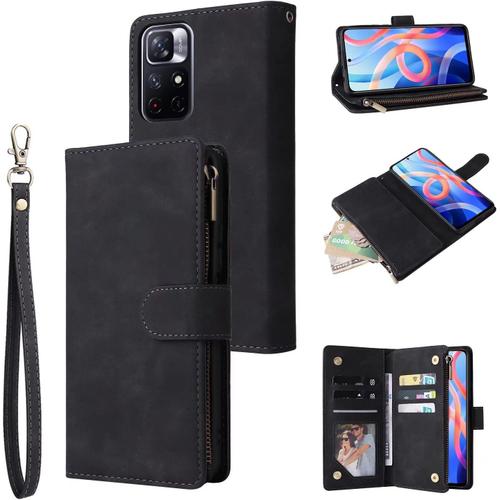 Coque Xiaomi Redmi Note 11 4g/Note 11s, Pu Antichoc Flip Case Anti-Choc Etui Housse Avec Fentes De 6 Cartes Fonction Support, Pochette Portefeuille Avec Dragonnes Case Le Noir