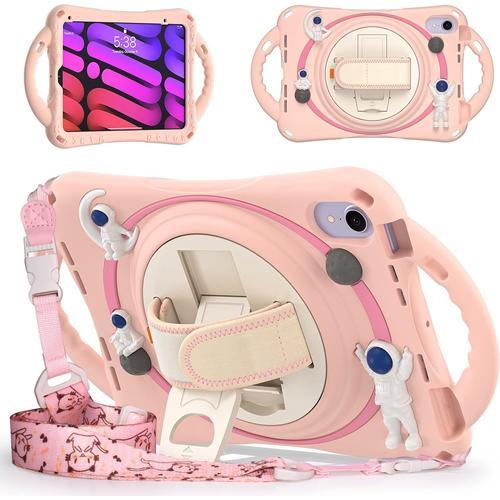 Coque Ipad Mini 6 Enfants Antichoc - Housse Protection Avec Poignée 360°, Support & Porte-Stylo, Sangle Épaule Ajustable - Thème Astronaute Spatial - Silicone & Pc Robuste - Rose