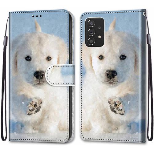 Tveinan Coque Cuir Pour Samsung Galaxy A53 5g, 360 Degrés Silicone Antichoc Magnetique Housse Motif Joli Flip Case Pour Samsung A53 5g Étui Fille Femme Garçon - Chien Blanc