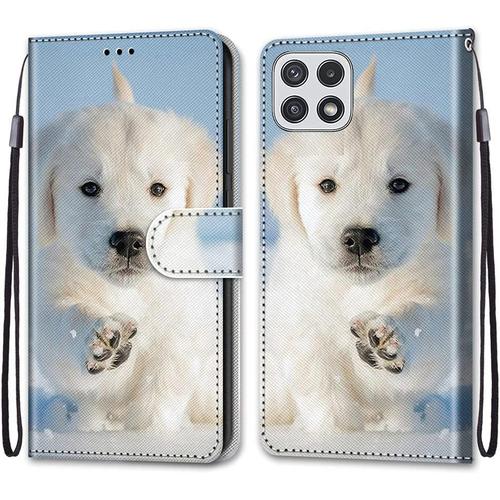 Tveinan Coque Cuir Pour Samsung Galaxy A22 5g, Pochette De Portefeuille 360 Degrés Silicone Antichoc Magnetique Étui Motif Joli Flip Case Coque Samsung A22 5g Housse Filles Femme Garçons - Chien Blanc