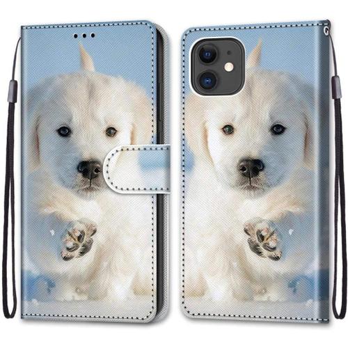 Tveinan Coque Cuir Pour Iphone 11 (2019) 6.1-Inch, 360 Degrés Silicone Antichoc Magnetique Housse Mignon Motif Joli Flip Case Pour Iphone 11 Étui Filles Femme Garçons - Chien Blanc