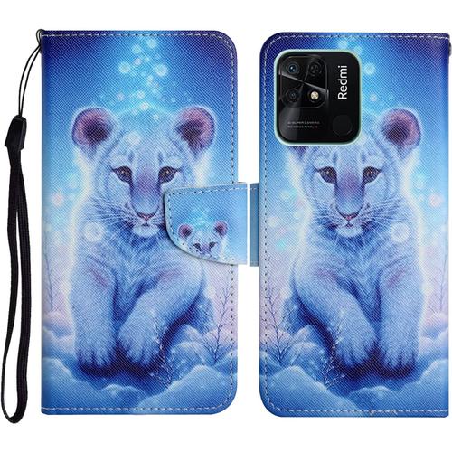 Tveinan Etui Coque Pour Xiaomi Redmi 10c, Case Antichoc Housse En Cuir À Rabat Pu Portefeuille, [Emplacements Cartes][Fonction Support][Magnétique][Motif Joli] Pour Redmi 10c - Tigre Blanc