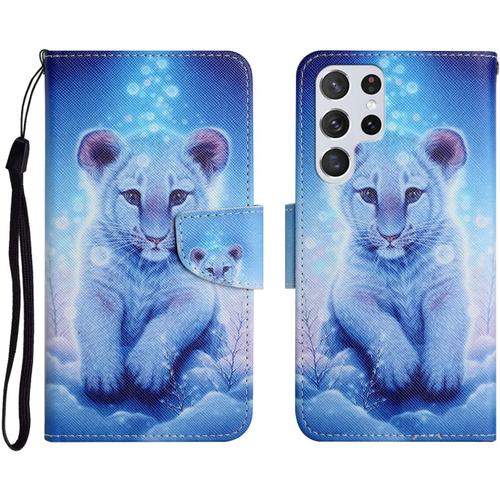 Tveinan Etui Coque Pour Samsung Galaxy S22 Ultra 5g, Case Antichoc Housse En Cuir À Rabat Pu Portefeuille, [Emplacements Cartes][Fonction Support][Motif Joli] Pour Samsung S22 Ultra 5g, Tigre Blanc