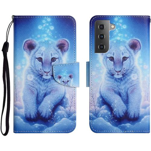 Tveinan Etui Coque Pour Samsung Galaxy S22 (6.2"") 5g, Case Antichoc Housse En Cuir À Rabat Pu Portefeuille, [Emplacements Cartes][Fonction Support][Motif Joli] Pour Samsung S22 5g, Tigre Blanc