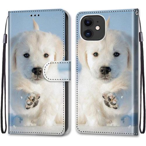 Tveinan Coque Cuir Pour Iphone 12 Mini (5.4"") 2020, 360 Degrés Silicone Antichoc Magnetique Housse Mignon Motif Joli Flip Case Pour Iphone 12 Mini Étui Filles Femme Garçons - Chien Blanc