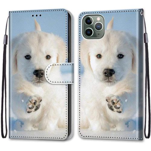 Tveinan Coque Cuir Pour Iphone 11 Pro Max (2019) 6.5 Inch, 360 Degrés Silicone Antichoc Magnetique Housse Mignon Motif Joli Flip Case Pour Iphone 11 Pro Max Étui Filles Femme Garçons - Chien Blanc