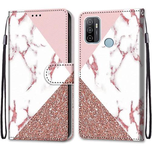 Tveinan Coque Cuir Pour Oppo A53 4g / A53s / A33 / A32 2020, 360 Degrés Silicone Antichoc Magnetique Housse Motif Joli Flip Case Pour Oppo A53 2020 / Oppo A53s Étui Filles Femme Garçons - Marbre Rose