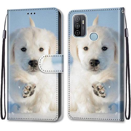 Tveinan Coque Cuir Pour Oppo A53 4g / A53s / A33 / A32 2020, 360 Degrés Silicone Antichoc Magnetique Housse Motif Joli Flip Case Pour Oppo A53 2020 / Oppo A53s Étui Filles Femme Garçons - Chien Blanc