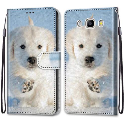 Tveinan Coque Cuir Pour Samsung Galaxy J5 2016, 360 Degrés Silicone Antichoc Magnetique Housse Motif Joli Flip Case Pour Samsung J5 / 2016 Étui Filles Femme Garçons - Chien Blanc