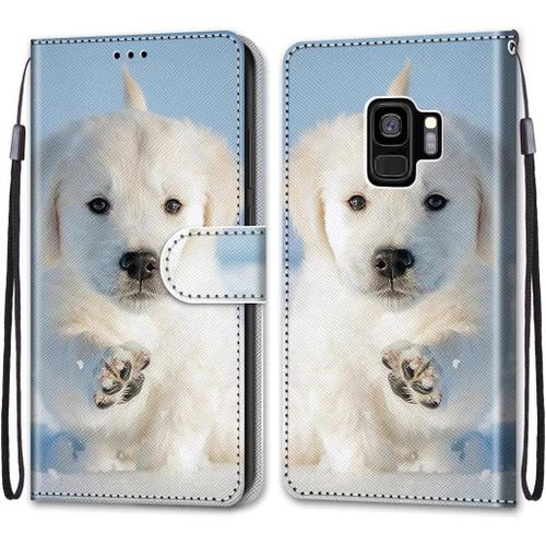 Tveinan Coque Cuir Pour Samsung Galaxy S9 Plus, 360 Degrés Silicone Antichoc Magnetique Housse Motif Joli Flip Case Pour Samsung S9 Plus Étui Filles Femme Garçons - Chien Blanc