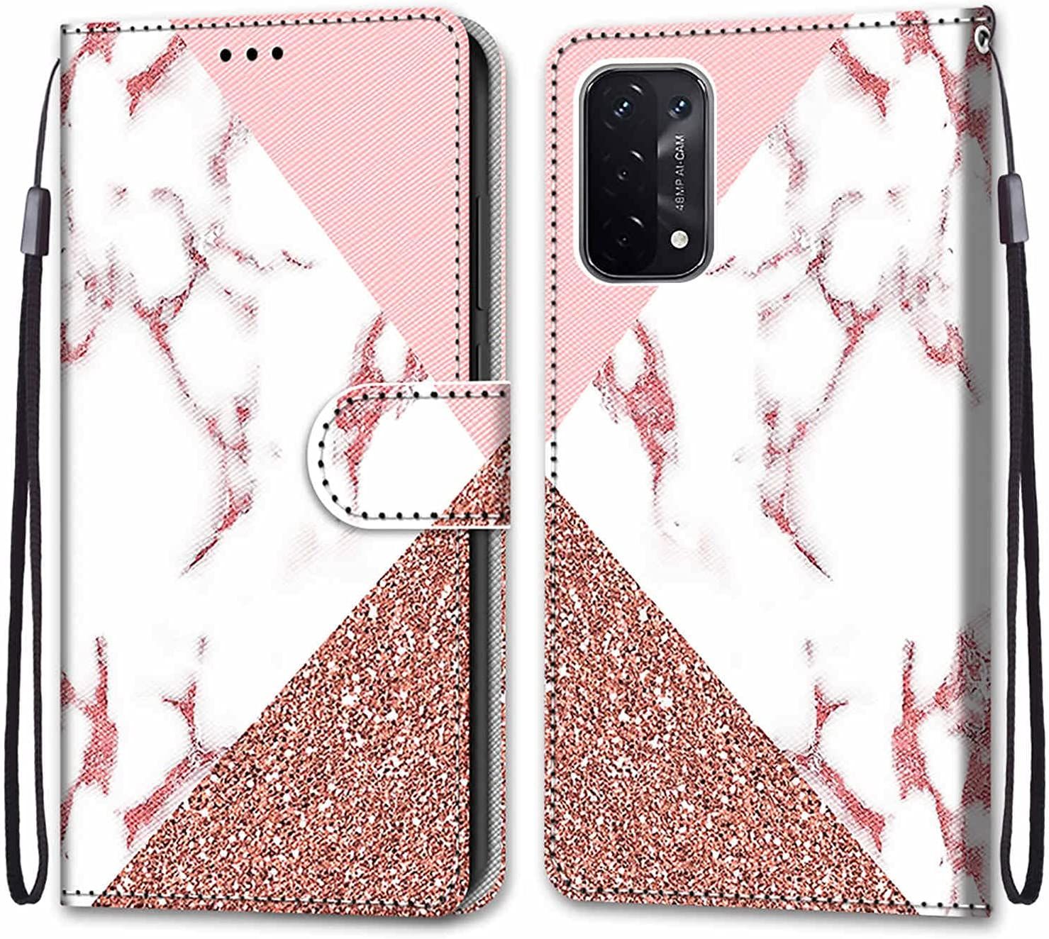 Tveinan Coque Cuir Pour Oppo A54 5g / A74 5g / A93 5g / A93s 5g, 360 Degrés Silicone Antichoc Magnetique Housse Motif Joli Flip Case Pour Oppo A54 5g / A74 5g Étui Filles Femme Garçons - Marbre Rose