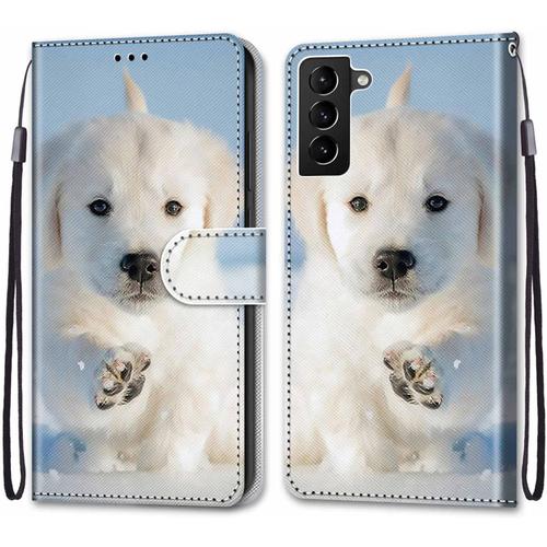 Tveinan Coque Cuir Pour Samsung Galaxy S22 Plus (6.55"") / S22+ 5g, 360 Degrés Silicone Antichoc Magnetique Housse Motif Joli Flip Case Pour Samsung S22 Plus 5g Étui Fille Femme Garçon - Chien Blanc