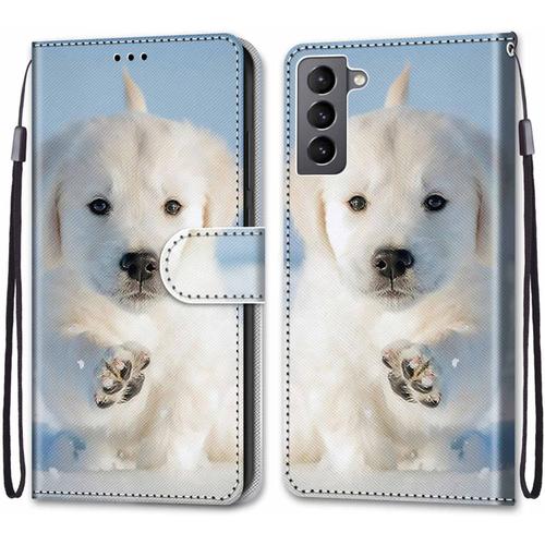 Tveinan Coque Cuir Pour Samsung Galaxy S22 5g, 360 Degrés Silicone Antichoc Magnetique Housse Motif Joli Flip Case Pour Samsung S22 5g Étui Fille Femme Garçon - Chien Blanc