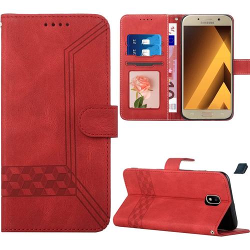 Tveinan Coque Pour Samsung Galaxy J3 2017 J330 Etui, Case Antichoc Housse En Cuir À Rabat Pochette De Portefeuille, [Emplacements Cartes][Fonction Support][Magnétique] Pour Samsung J330 / J3 - Rouge