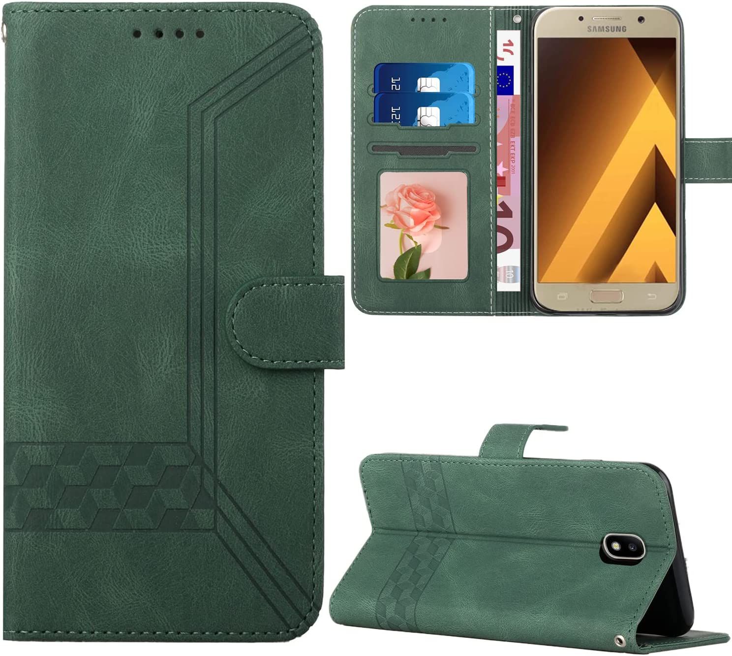 Tveinan Coque Pour Samsung Galaxy J7 2017 / J730 / J7 Pro Etui, Case Antichoc Housse En Cuir À Rabat Pochette De Portefeuille, [Emplacements Cartes],[Magnétique] Pour Samsung J730 / J7 / 2017 - Vert