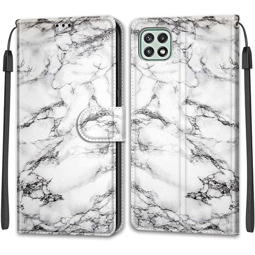 Tveinan Coque Pour Samsung Galaxy A22 5g Etui, Antichoc Motif Joli Housse En Cuir À Rabat Pu Portefeuille Pour Samsung A22 5g, Emplacements Cartes, Magnétique Case - Marbre Blanc