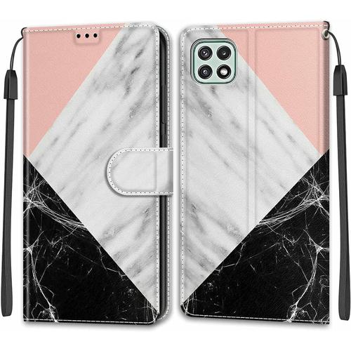 Tveinan Coque Pour Samsung Galaxy A22 5g Etui, Antichoc Motif Joli Housse En Cuir À Rabat Pu Portefeuille Pour Samsung A22 5g, Emplacements Cartes, Magnétique Case - Rose Blanc Noir Marbre