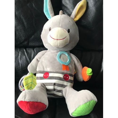 Doudou Peluche Âne Gris Carotte Miroir Feuille Verte Oreilles Jaune Et Bleu 40cm Minimi