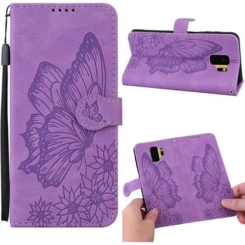 Tveinan Coque Cuir Pour Samsung Galaxy S9, Avec 360 Degrés Antichoc Portefeuille Étui, Fonction Support Silicone Magnetique Housse Pour Samsung S9 Case - Papillon Violet