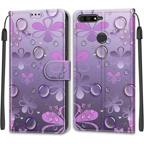 Tveinan Etui Coque Pour Huawei Y6 2018 / Honor 7a, Case Antichoc Housse En Cuir À Rabat Pu Portefeuille, Emplacements Cartes, Fonction Support, Magnétique, Motif Joli Pour Huawei Y6 2018 - Fleur Mauve