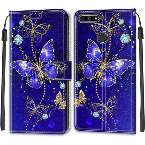 Tveinan Etui Coque Pour Huawei Y6 2018 / Honor 7a, Case Antichoc Housse En Cuir À Rabat Pu Portefeuille, Emplacements Cartes, Magnétique, Motif Joli Pour Huawei Y6 2018 - Papillon Violet