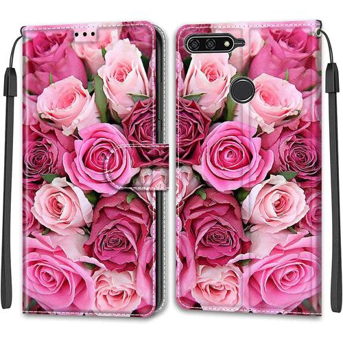 Tveinan Etui Coque Pour Huawei Y6 2018 / Honor 7a, Case Antichoc Housse En Cuir À Rabat Pu Portefeuille, Emplacements Cartes, Fonction Support, Magnétique, Motif Joli Pour Huawei Y6 2018 - Rose Rose