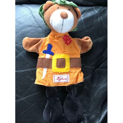 Doudou Peluche Marionnette Ours Marron Épée Bleu Ceinture Marron Et Jaune Sigikid 30cm