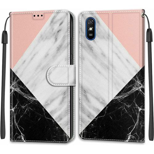 Tveinan Etui Coque Pour Xiaomi Redmi 9a, Case Antichoc Housse En Cuir À Rabat Pu Portefeuille, Emplacements Cartes, Fonction Support, Magnétique, Motif Joli Pour Redmi 9a - Rose Blanc Noir Marbre